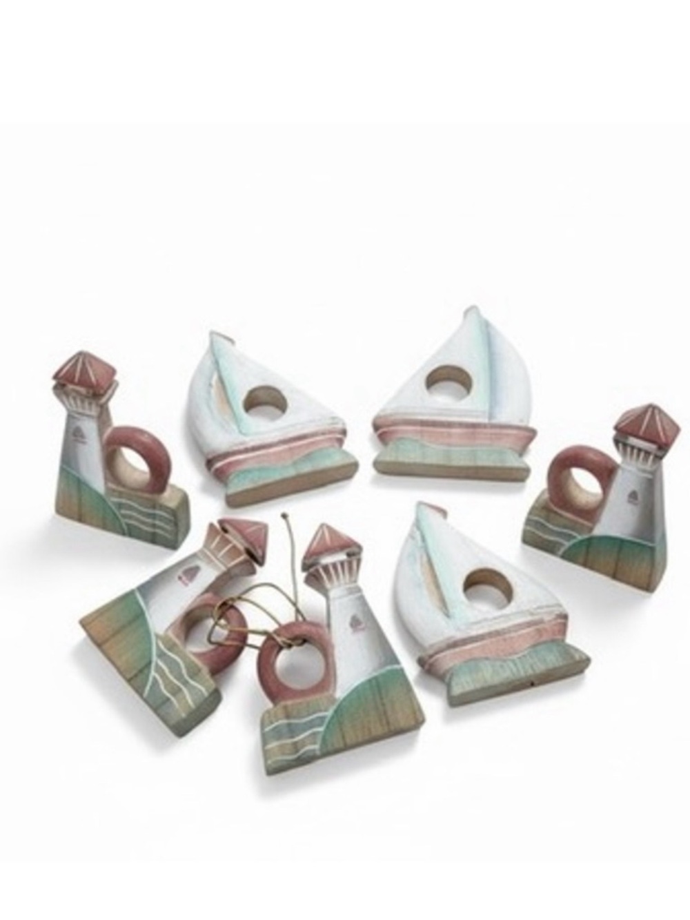 Cottage Nautical 8 Wooden Napkin Rings Sailboat Lighthouse Beach Table Decor